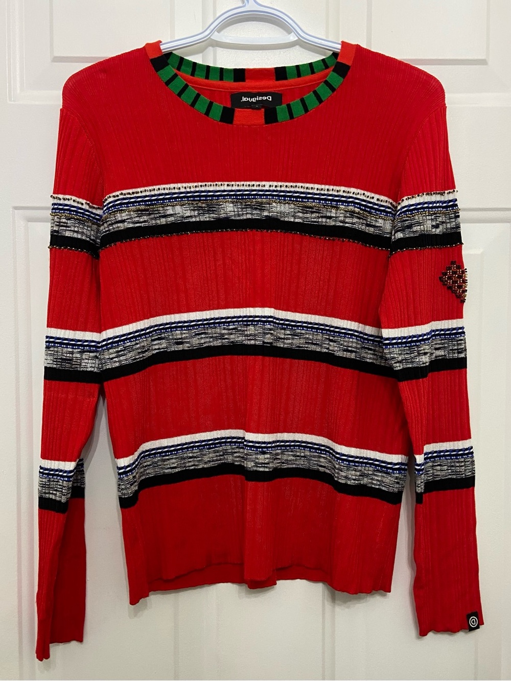 Desigual Orangy-Red Striped Ribbed Crewneck Sweater